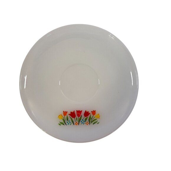 Vintage Anchor Hocking Fire King White Milk Glass With Tulips Saucer 6" Trinket - Picture 1 of 5